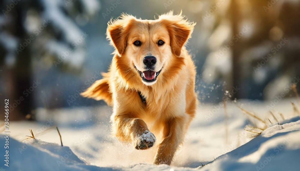 Cute golden retreiever dog running and playing in the snow portrait 