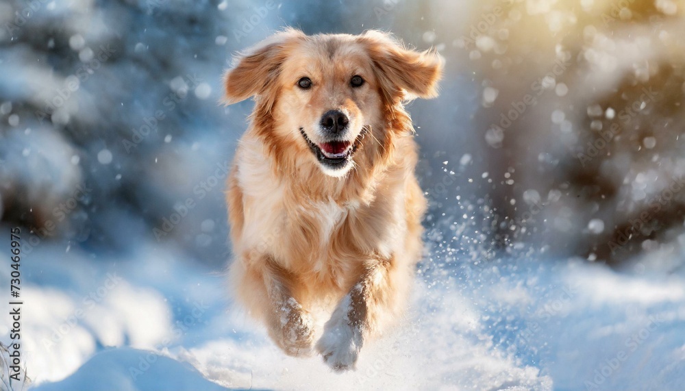 Cute golden retreiever dog running and playing in the snow portrait