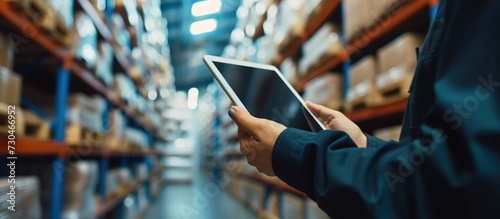 Worker hands holding tablet to checking stock on blurred warehouse background. AI generated image photo