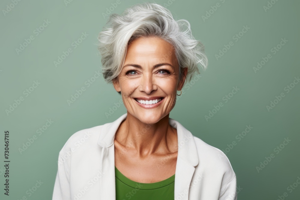 Portrait of a happy senior woman smiling at camera against green background Portrait of a happy senior woman smiling at camera against green background