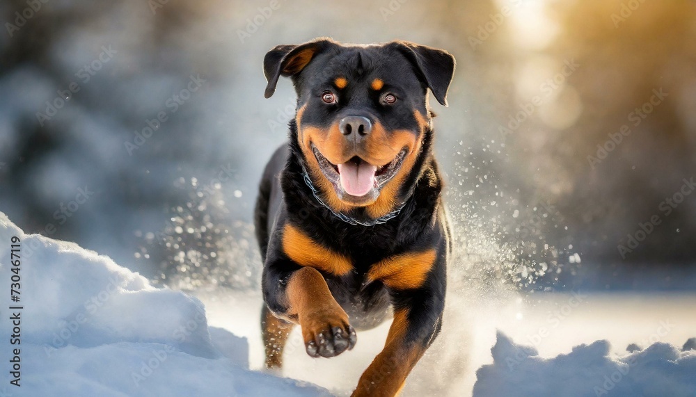 Cute rottweiler dog running and playing in the snow portrait Cute rottweiler dog running and playing in the snow portrait