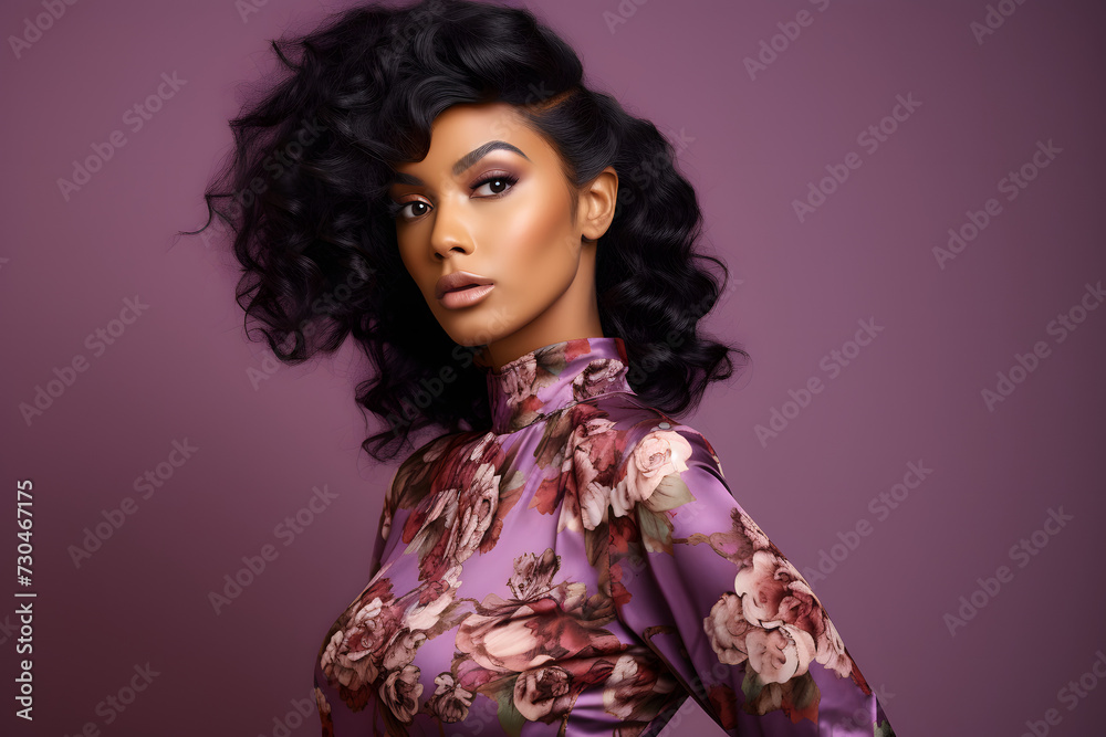 Elegant woman in purple floral shirt Elegant woman in purple floral shirt