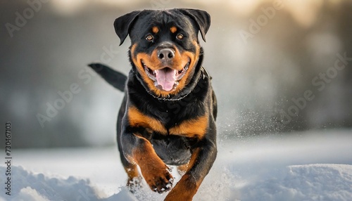Cute rottweiler dog running and playing in the snow portrait