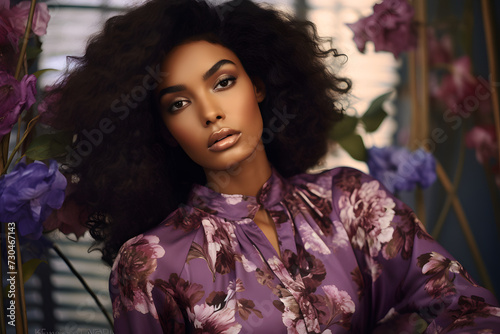 Elegant woman in purple floral shirt