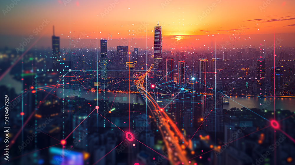 Futuristic smart city with digital network connection lines and nodes overlaying an urban skyline during a vivid sunset.