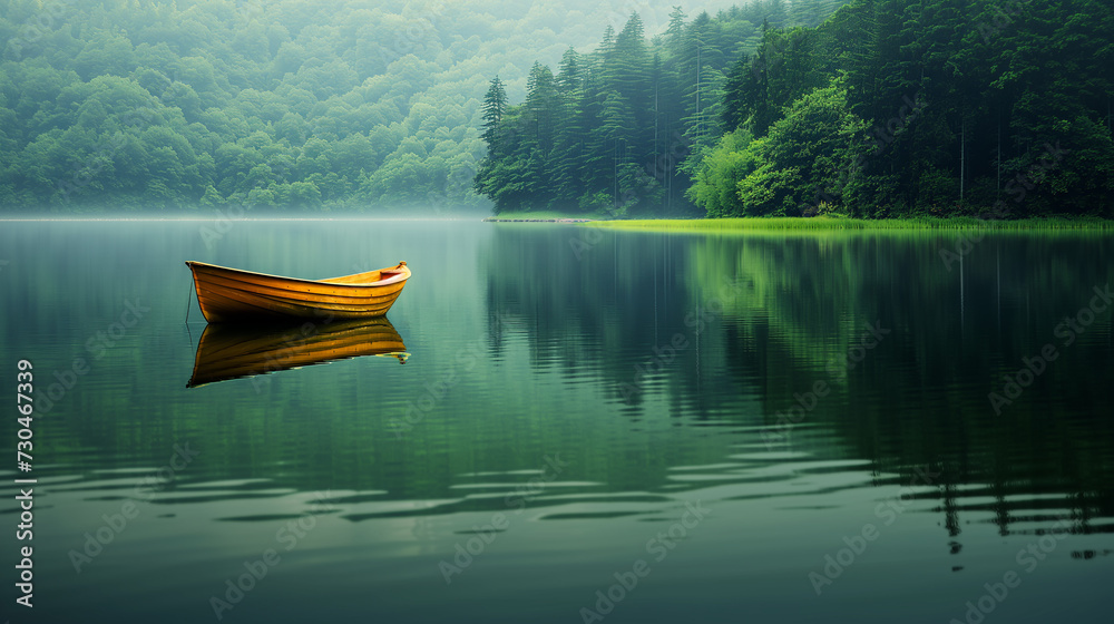A single wooden boat floats on a serene lake surrounded by a dense green forest in a tranquil morning setting.