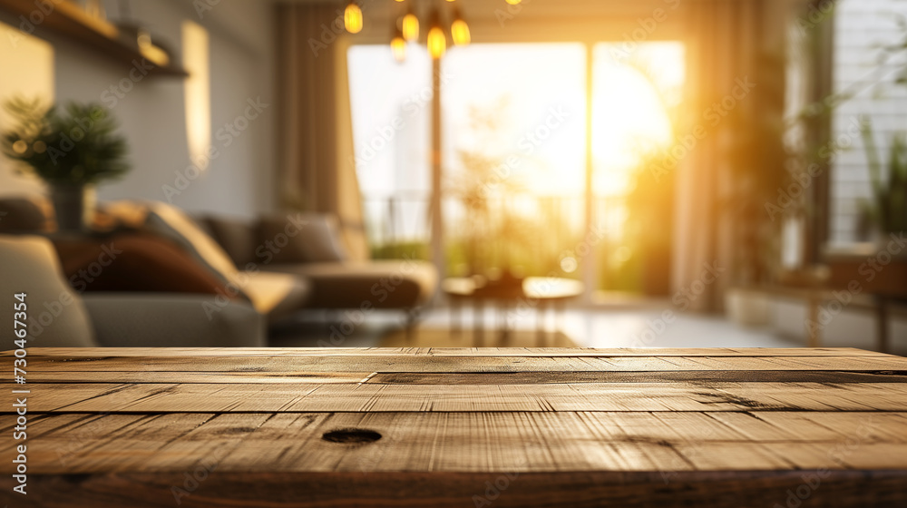 Cozy modern living room interior bathed in the warm glow of the sunset, focusing on a wooden table surface. Cozy modern living room interior bathed in the warm glow of the sunset, focusing on a wooden table surface.