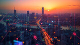 Futuristic smart city with digital network connection lines and nodes overlaying an urban skyline during a vivid sunset.