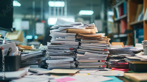 A cluttered office space showing an overwhelming amount of documents and paperwork piled on a desk. photo