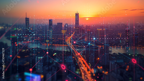 Futuristic smart city with digital network connection lines and nodes overlaying an urban skyline during a vivid sunset. photo