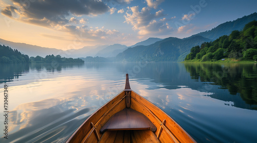 View from a wooden boat gently sailing on a peaceful mountain lake at sunrise, with reflections of the sky on water.
