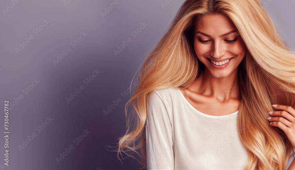Portrait of a beautiful young woman with long blond hair on a gray background Portrait of a beautiful young woman with long blond hair on a gray background
