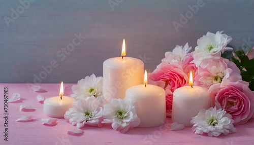 Candles burning on pink background. 