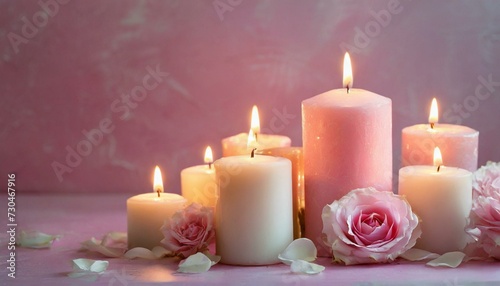 Candles burning on pink background.