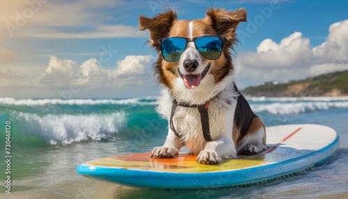 Dog surfing on a surfboard wearing sunglasses at the ocean shore © adobedesigner