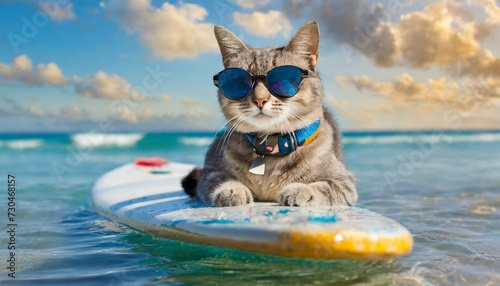 Cat surfing on a surfboard wearing sunglasses at the ocean shore	
