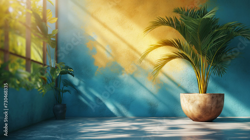 3d render mockup podium stand table shelf. Blue yellow abstract background. Palm tree leaf shadow. Nature. Yellow blue. Design beauty product cosmetics. Wall stage room studio. Design concept. Creativ
