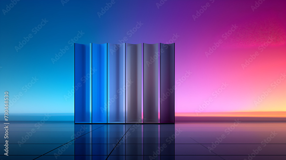 Neon Gradient Columns on Reflective Surface with Vibrant Sunset Background with Copy Space Neon Gradient Columns on Reflective Surface with Vibrant Sunset Background with Copy Space
