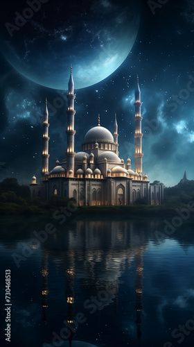 Night Scene of Mosque With Full Moon