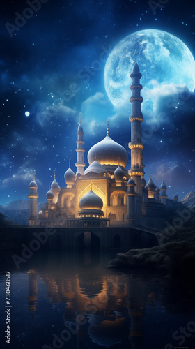 Majestic Mosque Illuminated by Moonlight Against a Starry Sky