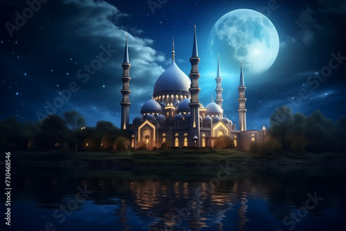 Night Scene of Mosque With Full Moon