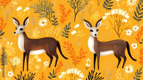 Illustration of a doe animal pattern with botanical plant flowers background wallpaper decoration.