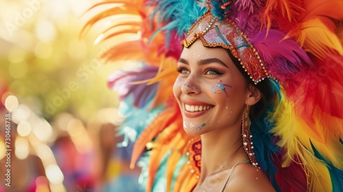A young woman dressed as a carnival with feathers has fun generative ai