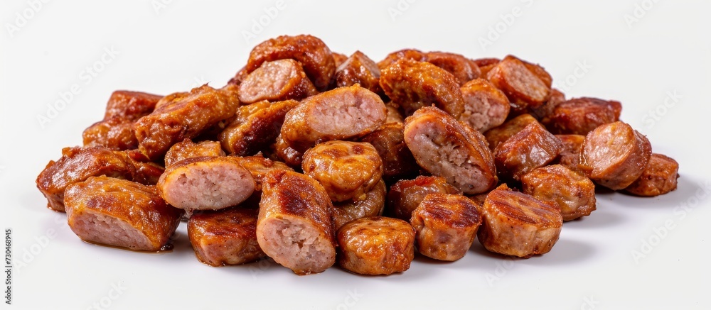 Sausage bits fried and set on a white background.