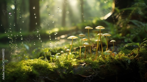 View of mushroom growing on mossy roots in tropical rainforest, with morning sunlight.