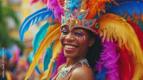 A young woman dressed as a carnival with feathers has fun generative ai