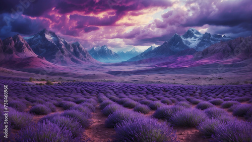 Sunset and Lavender Field in the Mountains, Nature View with Sky and Clouds, using Generative ai
