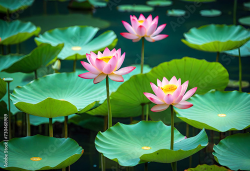 Lotus Pond. Water Garden. Aquatic Plants. Botanical. Zen. Tranquil. Serene. Nature. Scenic. Relaxing. Reflection. Beauty. Blooms. Meditation. AI Generated.