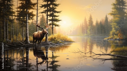 Wild nature scene with moose deer in the creek in the morning with reflections in the water. Pine forest background.