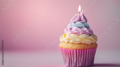 Adorable cupcake featuring a pastel-colored frosting palette and a single candle generative ai