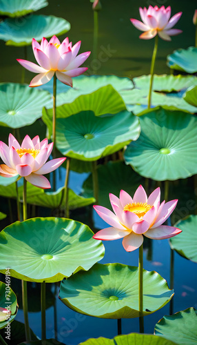 Lotus Pond. Water Garden. Aquatic Plants. Botanical. Zen. Tranquil. Serene. Nature. Scenic. Relaxing. Reflection. Beauty. Blooms. Meditation. AI Generated.