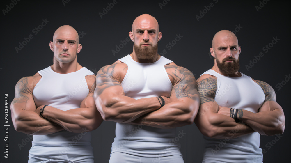three intimidating muscular men posing three intimidating muscular men posing