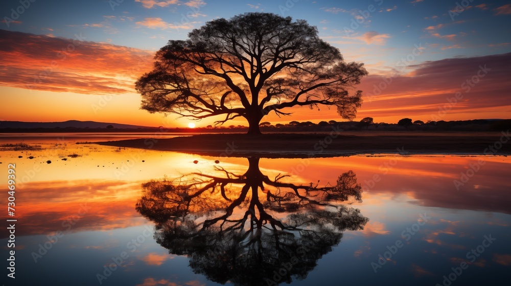 A large tree reflected in a still body of water at sunset with a colorful sky in the background