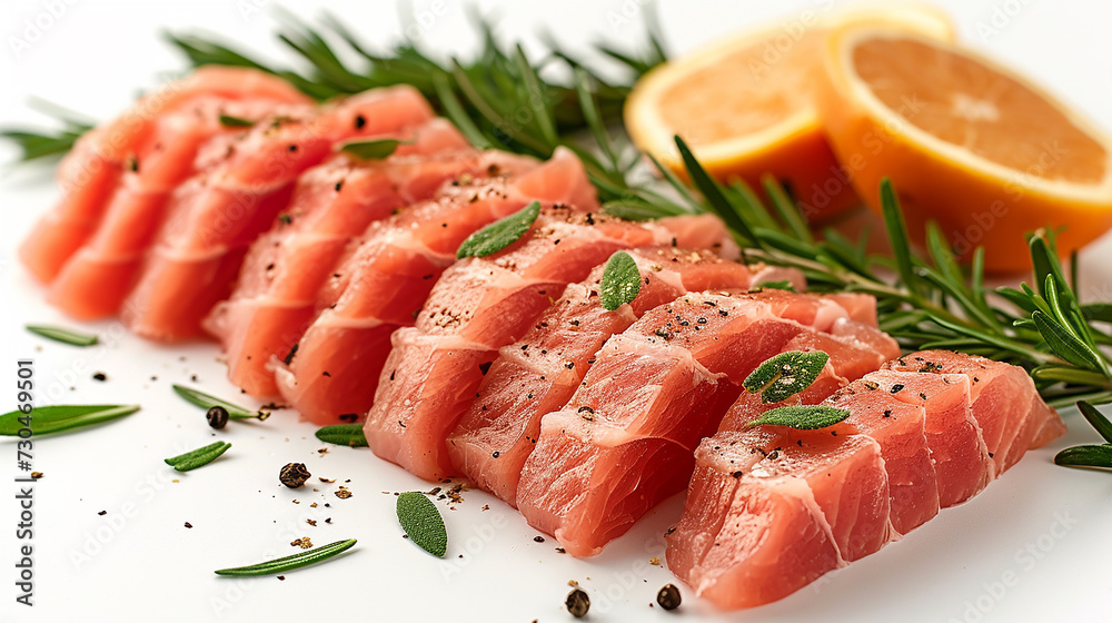 Slices of raw turkey meat fillet isolated on white