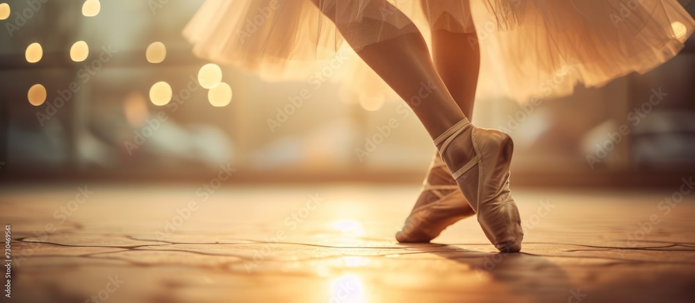 Close up beautiful legs of dancer in pointe on the floor blur background. AI generated image - obrazy, fototapety, plakaty 