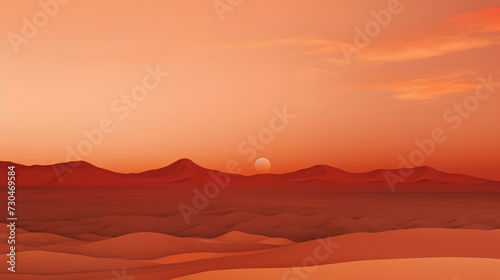 Soft orange desert and mountains landscape at sunset.