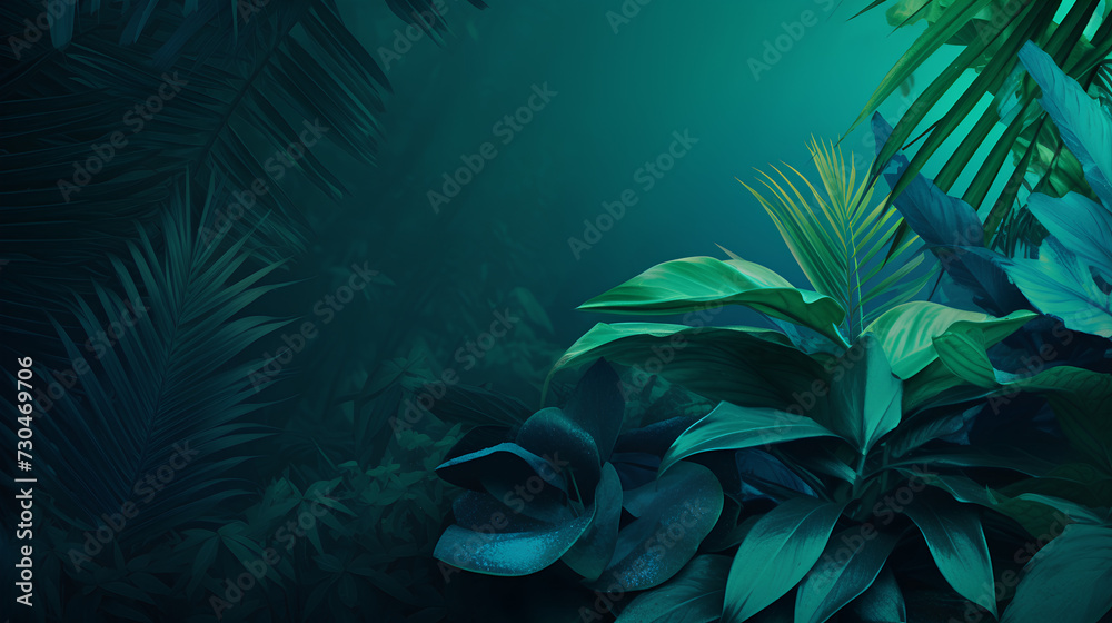Naklejka premium Lush Teal Tropical Jungle, Dense Green Foliage, Exotic Botanical Background