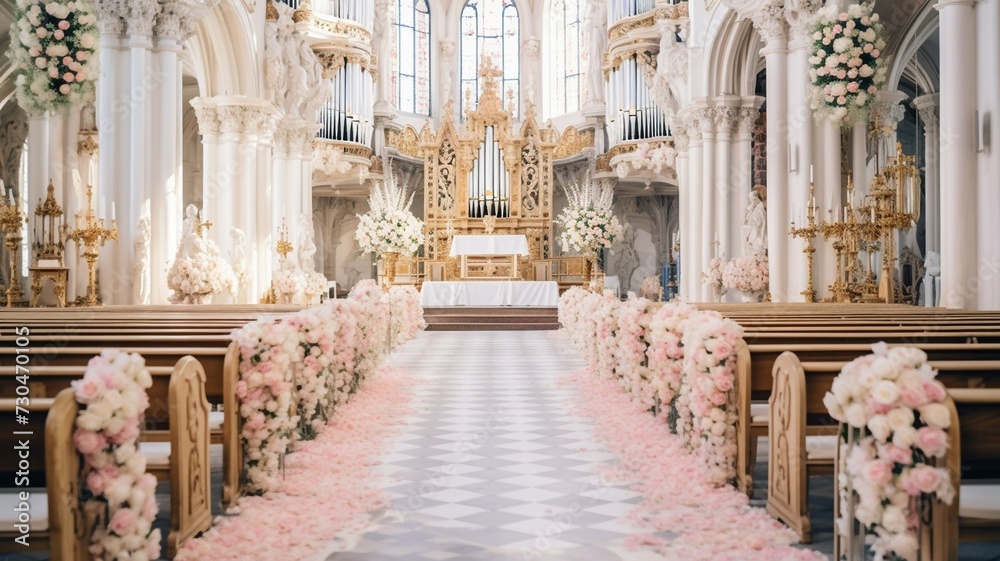 Fototapeta premium Flowers covering church pews before wedding