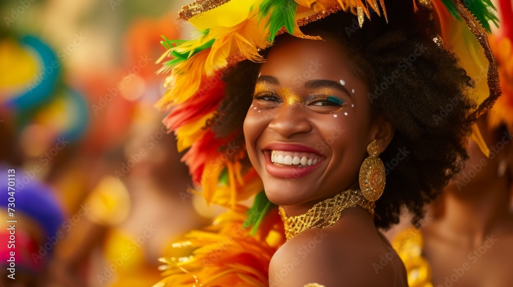 Beautiful woman dancing with a smile in a Brazilian carnival costume generative ai
