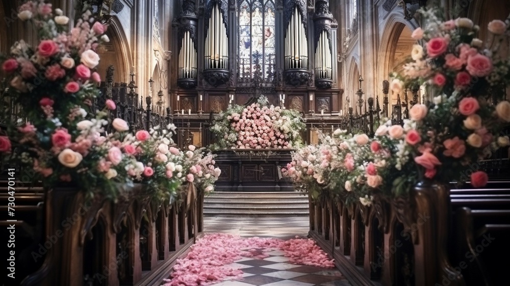 Flowers covering church pews before wedding