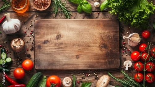 Food cooking background, ingredients for preparation vegan dishes, vegetables, roots, spices, mushrooms and herbs. Old cutting board. Healthy food concept - generative ai photo