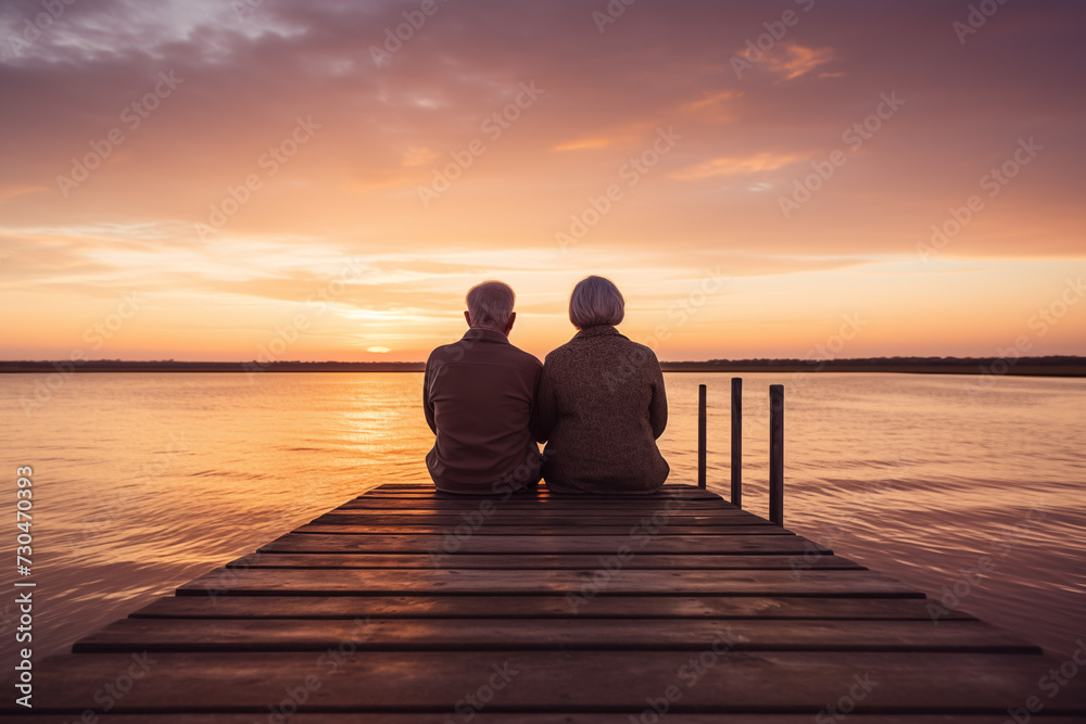 An elderly couple sits closely together on a wooden dock, basking in the warmth of a breathtaking sunset across the lake's horizon.