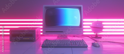 Rendering 3d old desktop computer with Keyboard and Mouse in Neon Lightning background. AI generated photo