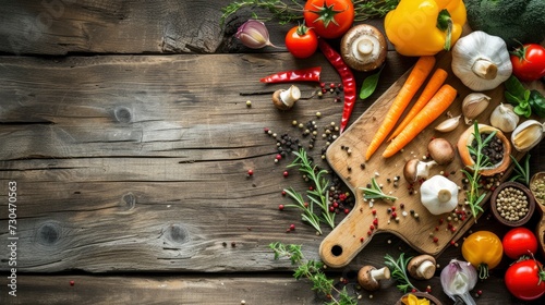 Food cooking background, ingredients for preparation vegan dishes, vegetables, roots, spices, mushrooms and herbs. Old cutting board. Healthy food concept - generative ai photo