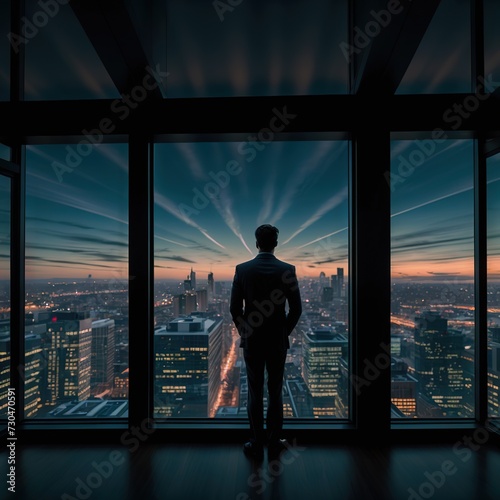 Businessman Contemplating Cityscape Through Office Windows in the Afternoon