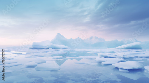 Icebergs floating in glacier lake at sunset in Antarctica  arctic landscape and blue sky.